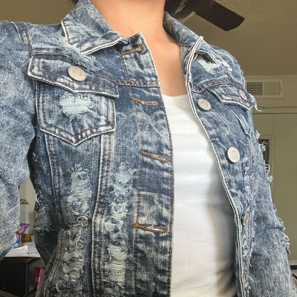Embroidered distressed denim jacket
